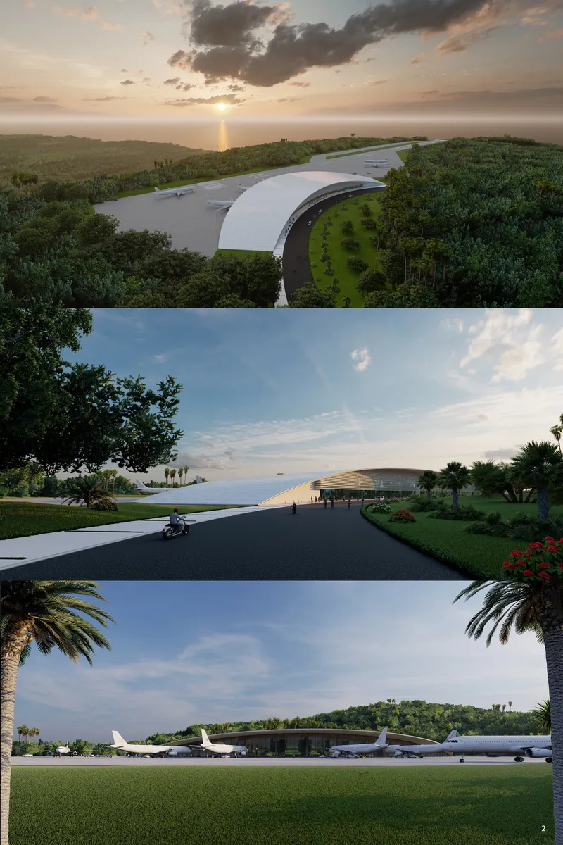 Organic terminal form embedded within tropical terrain, redefining sustainable airport architecture
