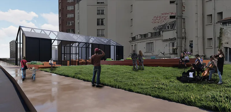 Upper square activation with greenhouse pavilion anchoring community life along the revitalized railway edge.