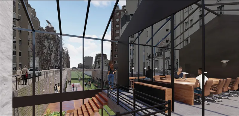 Collaborative workspace overlooking the regenerated railway corridor, enabling flexible public engagement.