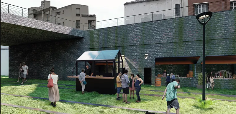 Modular kiosks activate the lower square, transforming former tracks into a vibrant social marketplace.