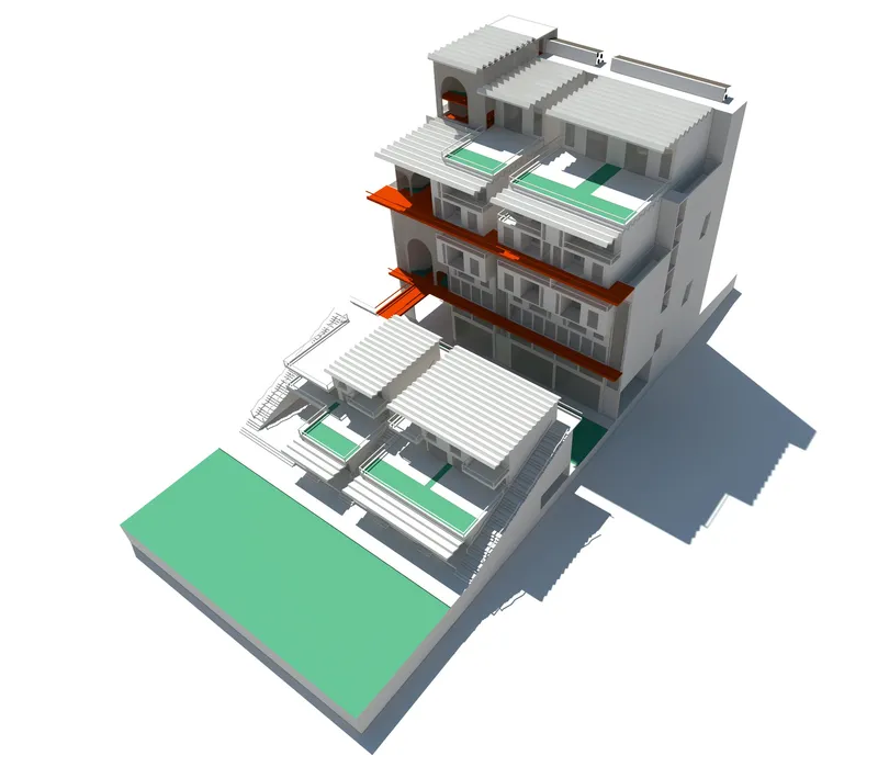 Exploded axonometric showing transformation from stadium modules to housing units