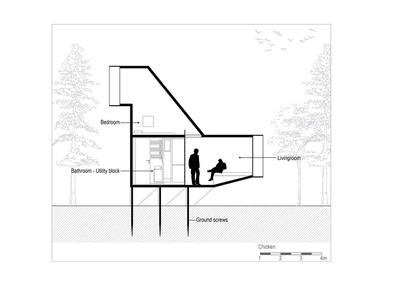 Section drawing showing a split-level dwelling elevated on ground screws with bedroom above and living room below