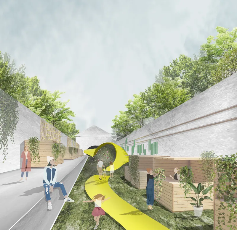 A serpentine parametric installation transforms a linear corridor into an interactive, community-driven public space.