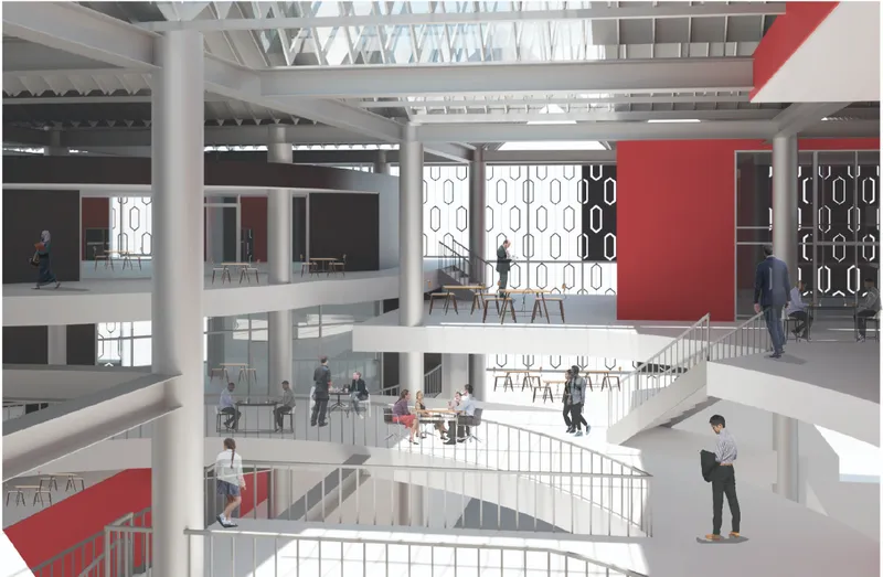 Multi-level interior atrium designed to encourage interaction, visibility, and open knowledge exchange