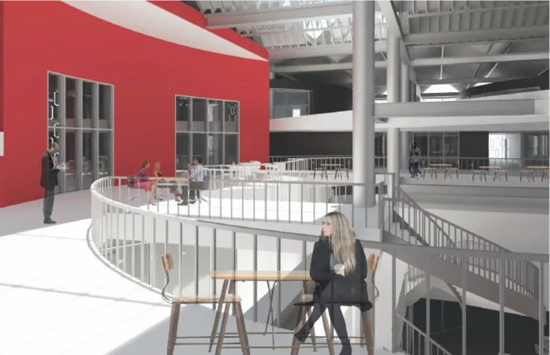 Curved balcony overlooking collaborative reading spaces within a vertically connected library interior