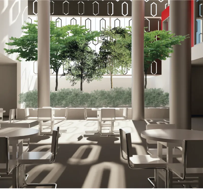 Light-filled reading area where patterned façade filters daylight, symbolizing controlled access to knowledge