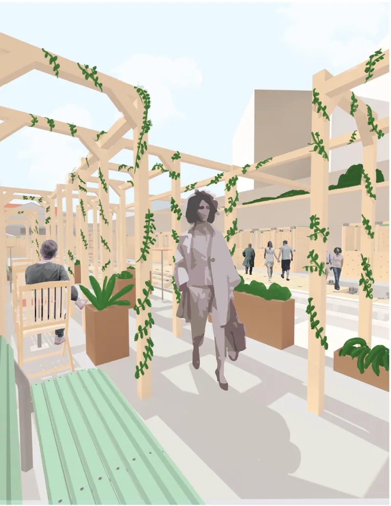 Modular timber framework with integrated greenery creates a flexible pedestrian corridor within adaptive reuse architecture.