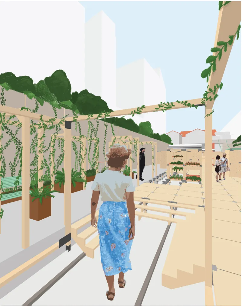 Linear public space enriched with planting systems and seating, fostering social interaction in a community-driven urban design.