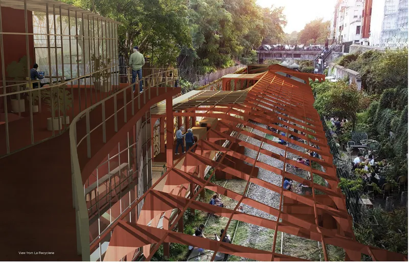 Adaptive reuse of railway void into a layered public space with elevated walkways and modular arches