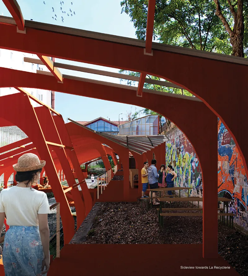 Framed pathways activate edges, creating intimate social pockets along the urban corridor