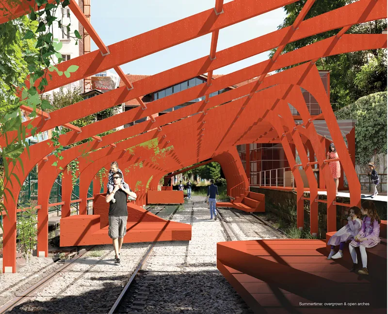 Repetitive timber arches define rhythm, structure, and flexible occupation across the linear site