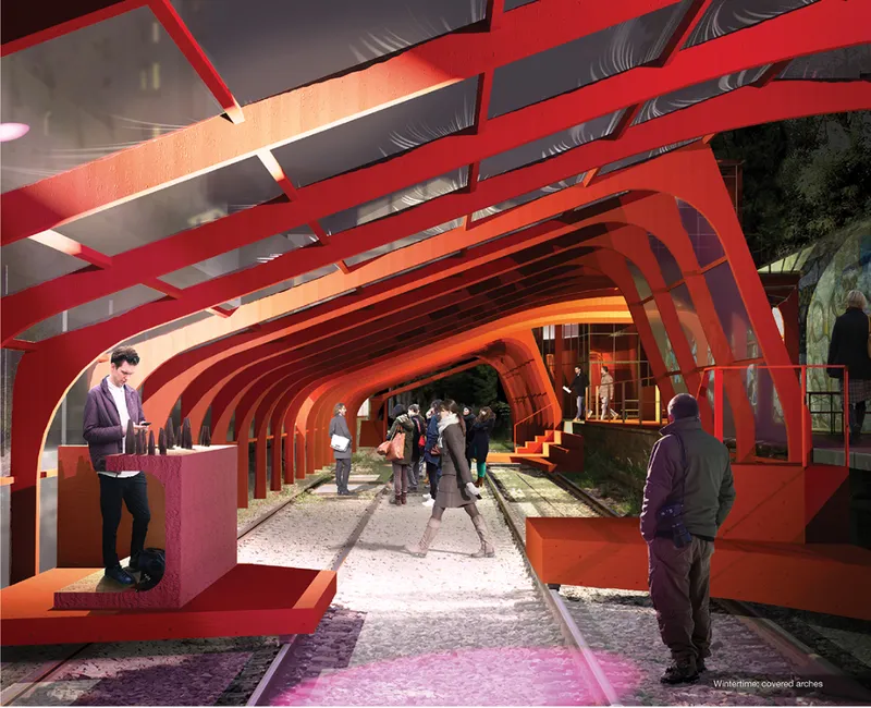 Seasonal adaptability transforms the space into a sheltered, climate-responsive public environment