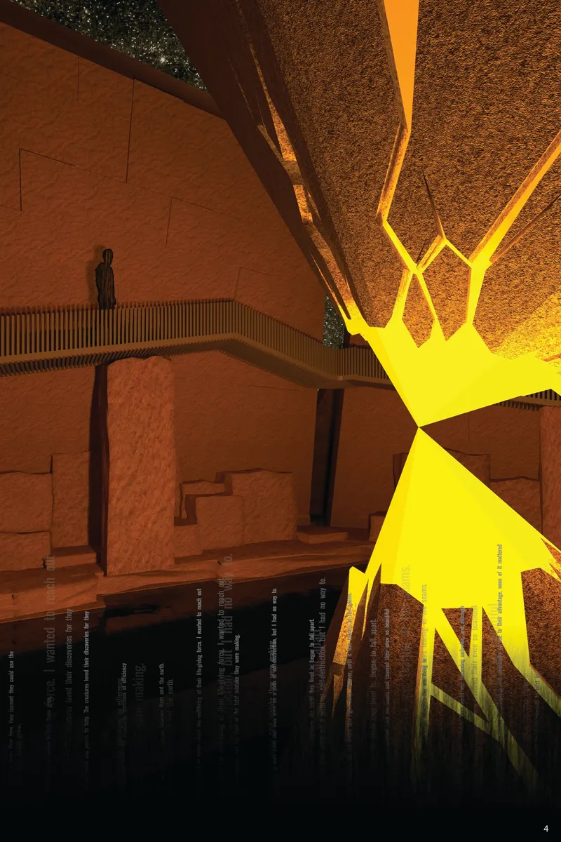 Interior chamber activated by light fractures, symbolizing urgency, rupture, and climatic tension.