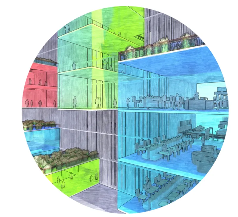 Layered interior experiences reveal dynamic food environments, where transparency and color define spatial diversity and interaction.