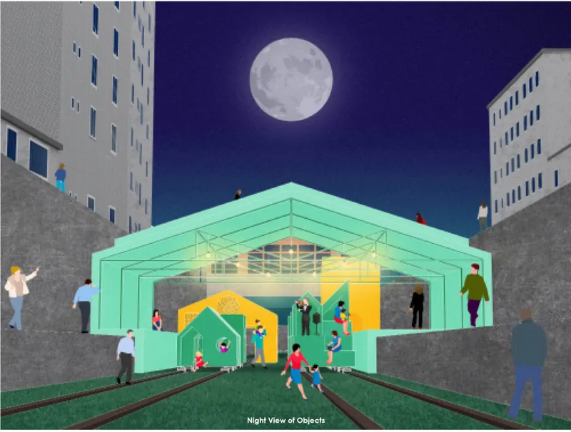 Night-time configuration showing collective gathering under the central structure, transforming the space into a vibrant social hub.