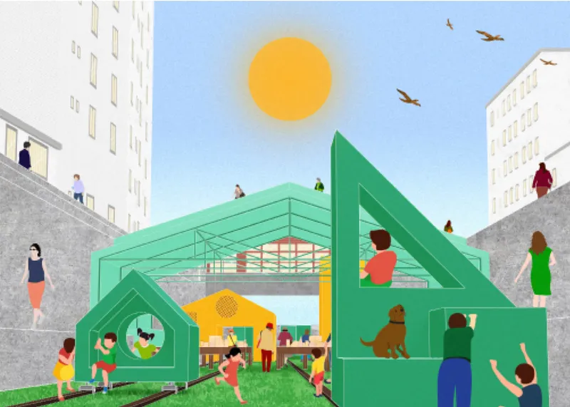 Daytime activation with dispersed movable units enabling play, interaction, and flexible public use along the tracks.