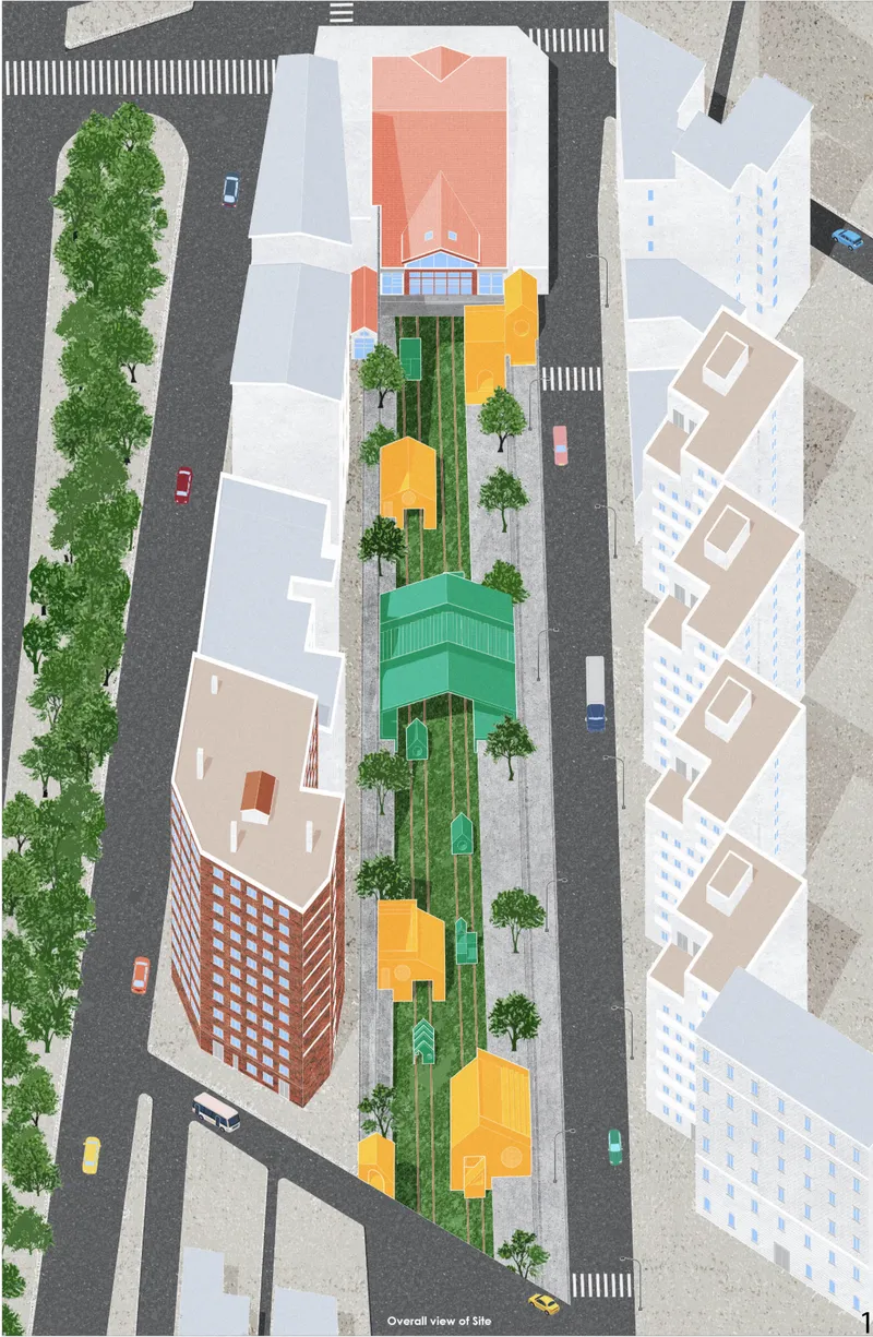 Overall site plan illustrating modular interventions along the linear railway corridor, activating the urban void through movement and program.