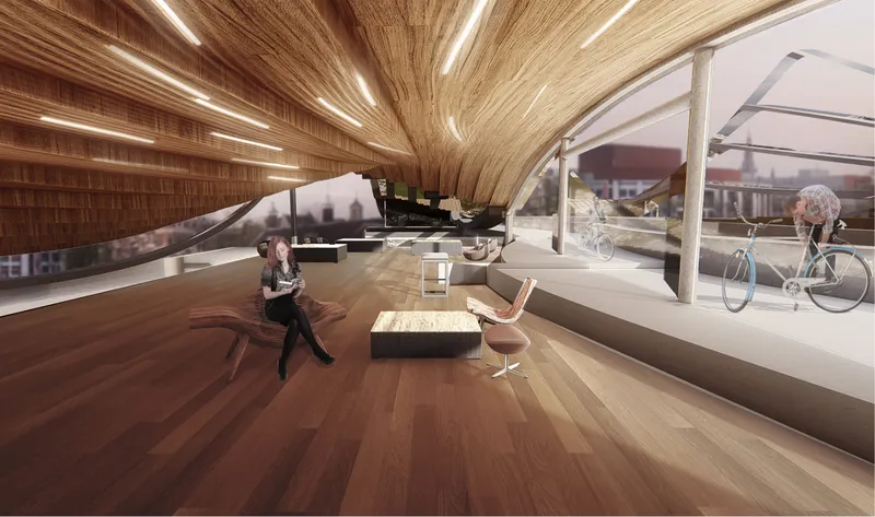 Interior gathering space beneath the bridge featuring sculptural wooden ceilings, lounge seating, and views of cyclists passing through the structure.