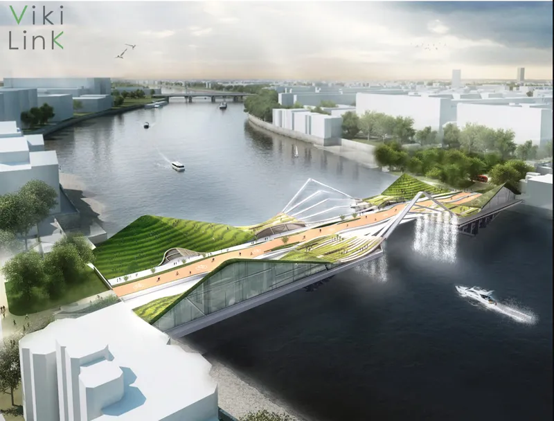 Aerial view of Viki Link showing the green roof landscape, cycling paths, and public spaces integrated into the bridge over Copenhagen’s river.
