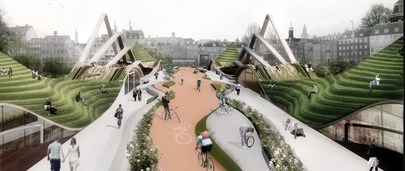Central cycling and pedestrian promenade across the bridge with terraced green hills and social spaces inspired by Viking landscape forms.