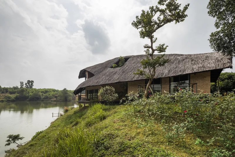 Lakefront elevation showing the thatched roof cantilevering over rammed earth walls with trees growing through the structure