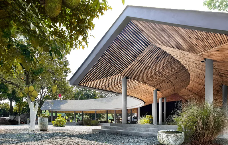 Underside of the pavilion roof showing patterned timber slat ceiling with circular columns and a jackfruit tree