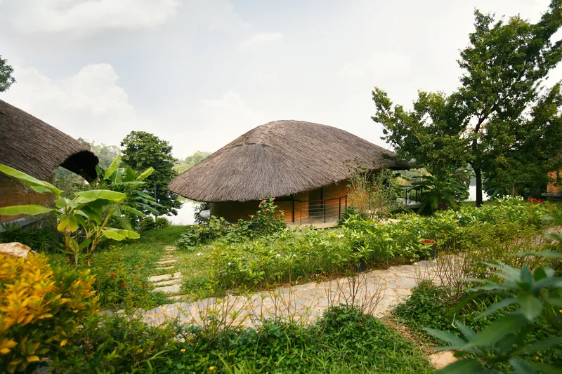 Dome-shaped thatched pavilion with horizontal timber shutters accessed by a stone path through dense planting
