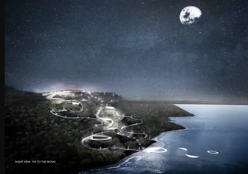 Night view of The Moon, where illuminated pathways connect landscape, architecture, and coastline into a continuous experience.