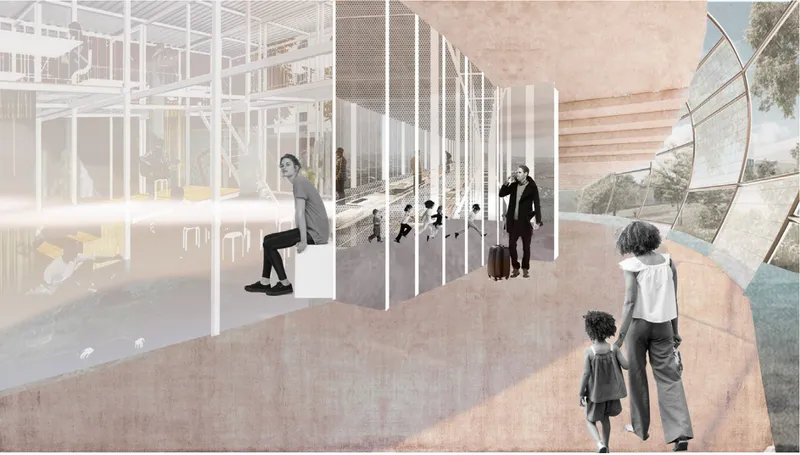 Circulation corridor blending transparency and movement, framing layered views of activity, landscape, and travel.