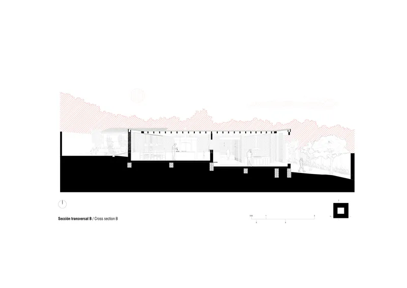 Cross section drawing revealing sloped ceilings and rooms stepping down the site