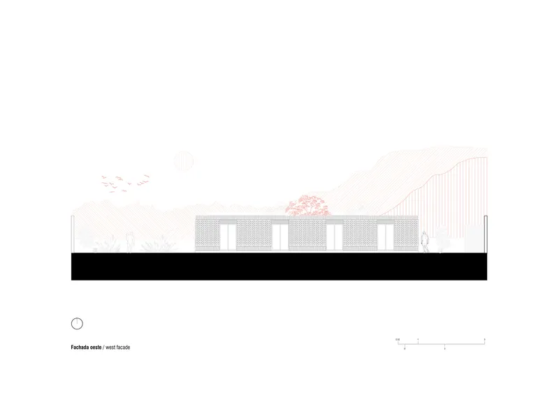 West elevation drawing showing a low-slung structure with large openings and a curved roof element