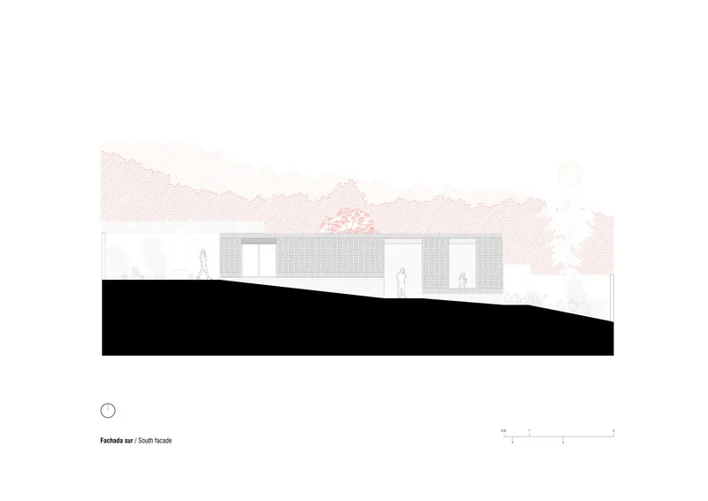 South elevation drawing depicting a single-story volume with rectangular openings against a sloped landscape