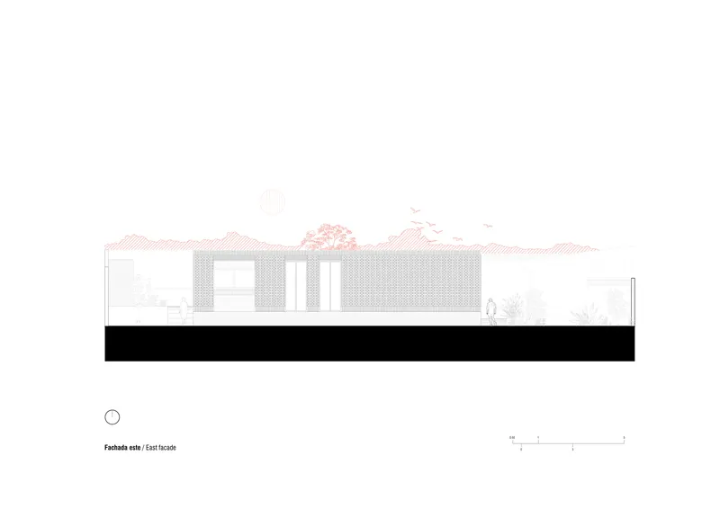 East elevation drawing presenting a textured facade with large glazed openings and flat roofline
