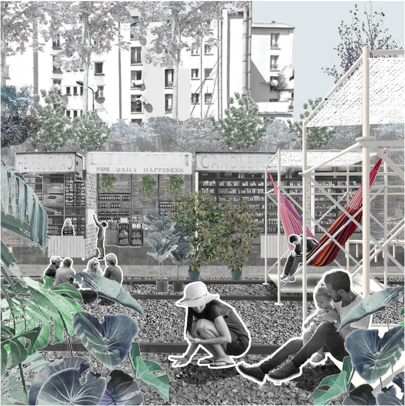 Scaffolding structures create flexible marketplaces and social zones within reclaimed infrastructure.