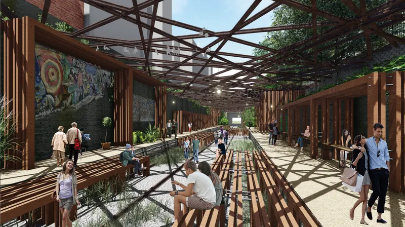 Interior view of the adaptive Tube system activating a linear public corridor beneath the structural net canopy.