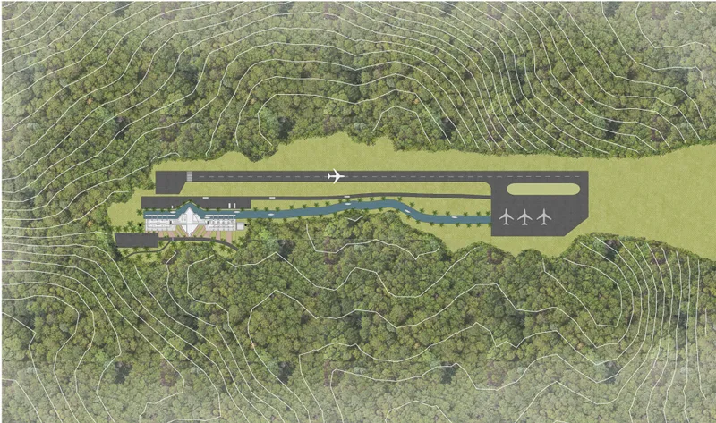 Masterplan illustrating runway alignment, water canal connectivity, and terrain-sensitive airport planning.