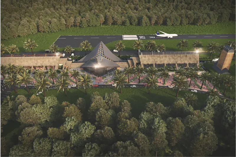 Central terminal form acting as a symbolic gateway, merging Thai vernacular with contemporary airport design.