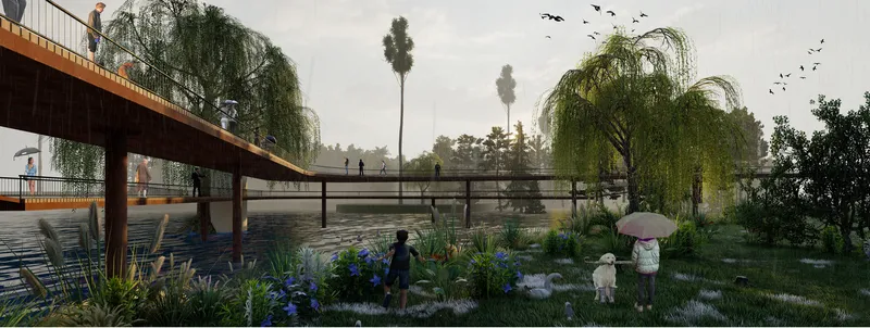 Elevated wetland boardwalk crossing restored water bodies, demonstrating the project’s urban sponge landscape and ecological water management strategy.