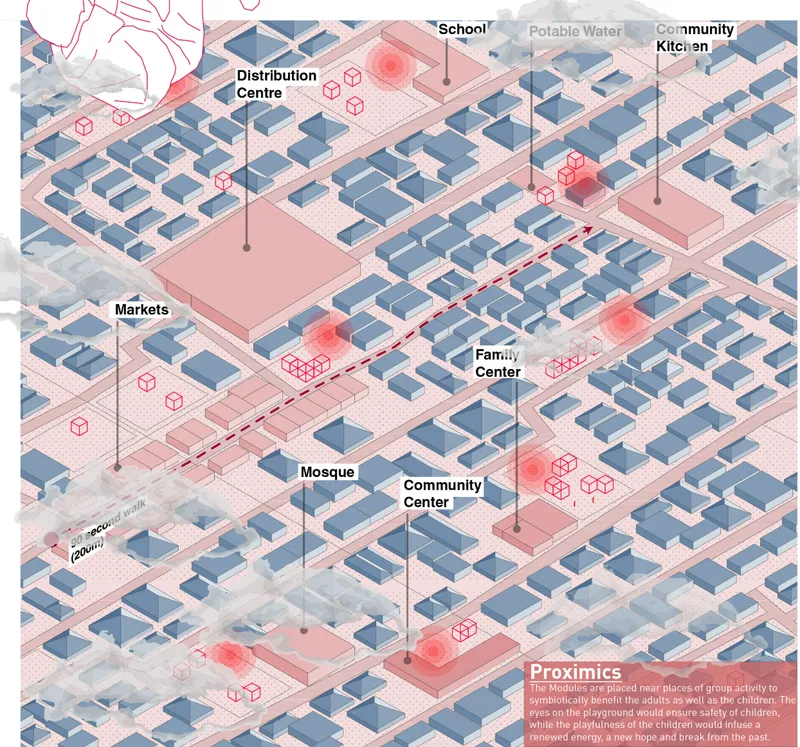 Urban mapping showing modular playground architecture nodes integrated within refugee camp infrastructure