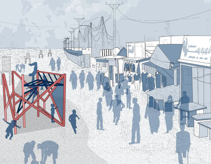 Play structure activating public marketplace streets and encouraging community engagement