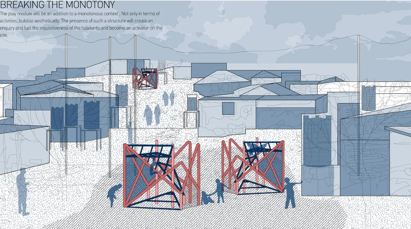 Modular playground architecture breaking spatial monotony within dense refugee settlements