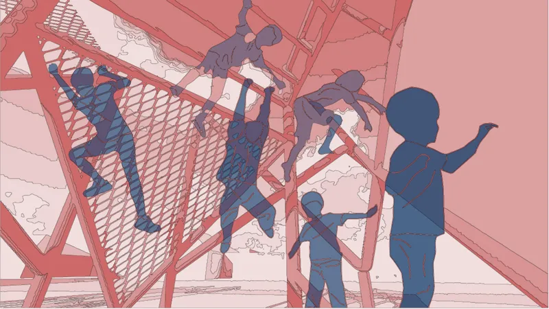 Children interacting within a dynamic 3D play structure designed for movement, balance, and exploration
