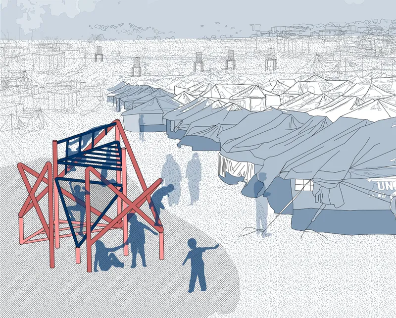 Play module inserted within refugee housing fabric, creating moments of engagement and relief
