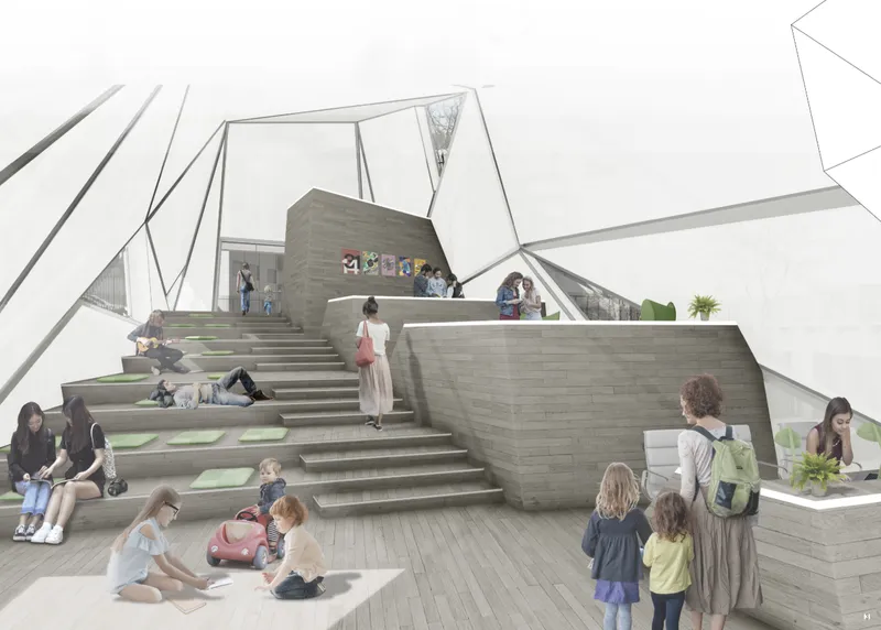 Interior of the modular youth center showcasing stepped seating, flexible gathering spaces, and community interaction.