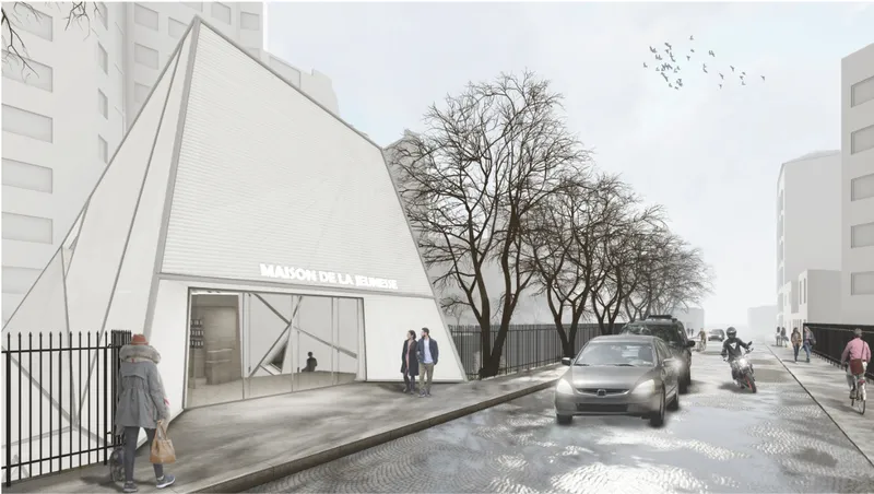 Street-facing view of the youth center, integrating contemporary architecture into the Parisian urban fabric.
