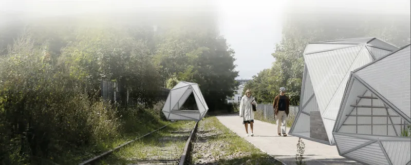 Modular intervention along the Petite Ceinture, blending lightweight architecture with existing green infrastructure.