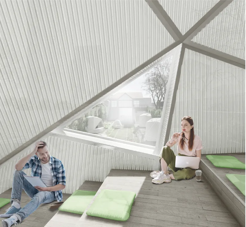 Reconfigurable geometric modules placed along the railway, enabling adaptive reuse and dynamic public engagement.