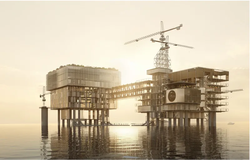 Offshore adaptive reuse transforms oil rigs into a floating museum and residential hub, redefining sustainable architecture at sea.