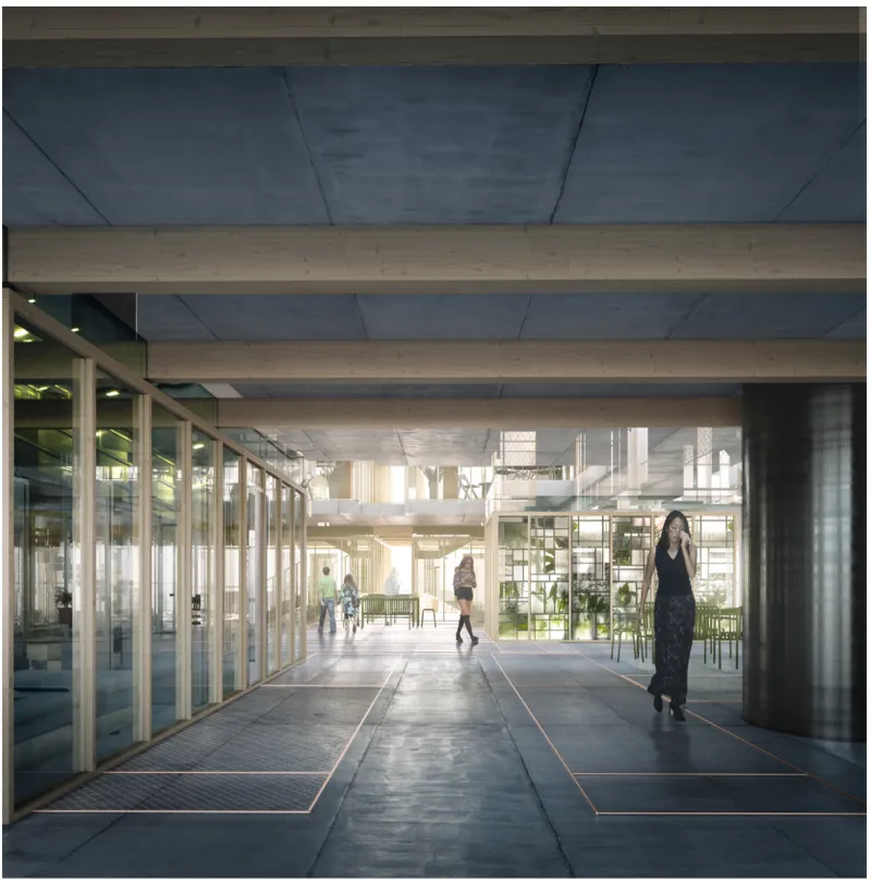 Transparent interiors create fluid transitions between public and private zones, fostering interaction within a modular architectural system.