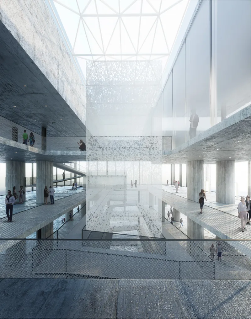 A central atrium channels light and vertical connectivity, shaping spatial experience through openness, circulation, and layered transparency.
